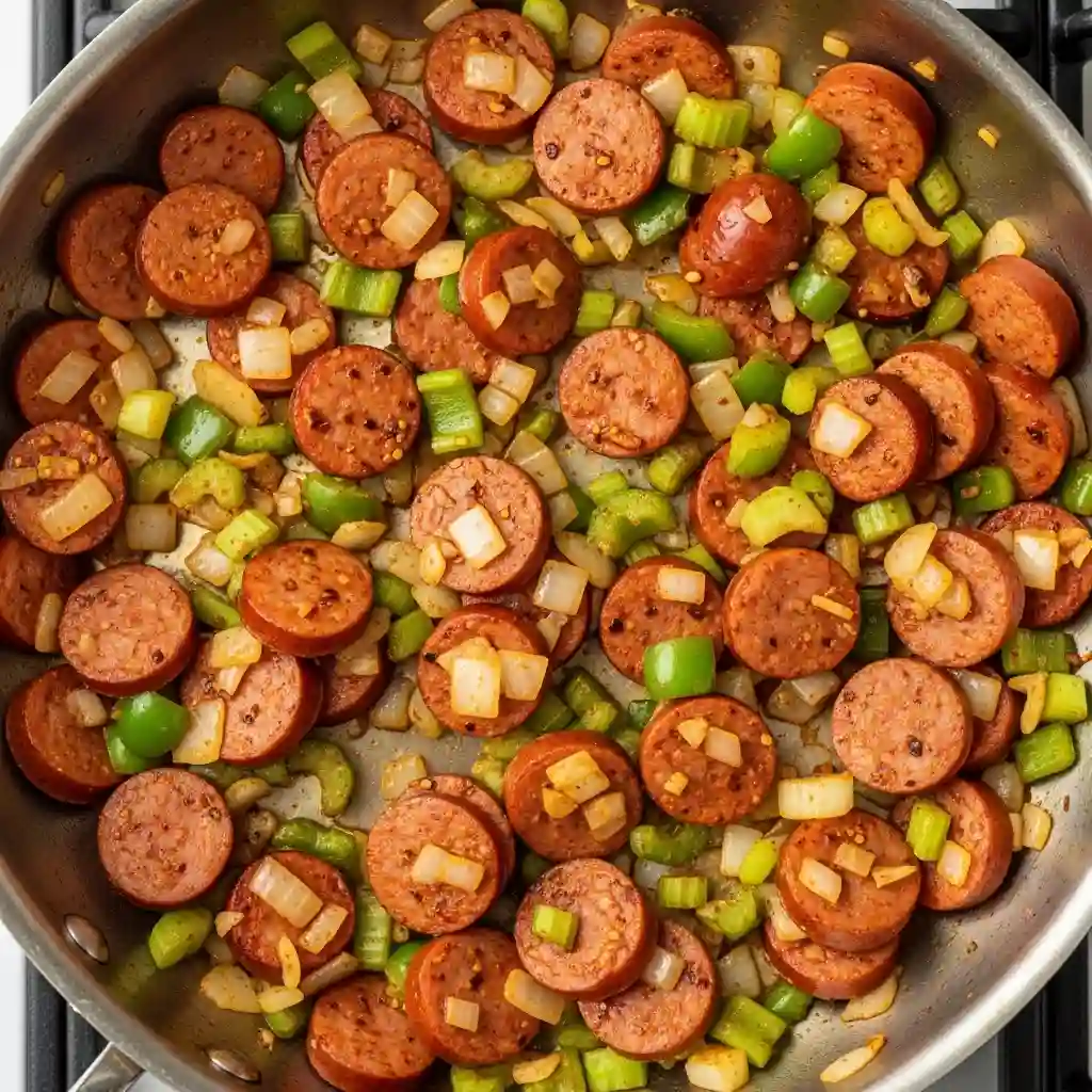 A large pot of shrimp and sausage gumbo, which includes green peas, being stirred with a wooden spoon as it simmers.