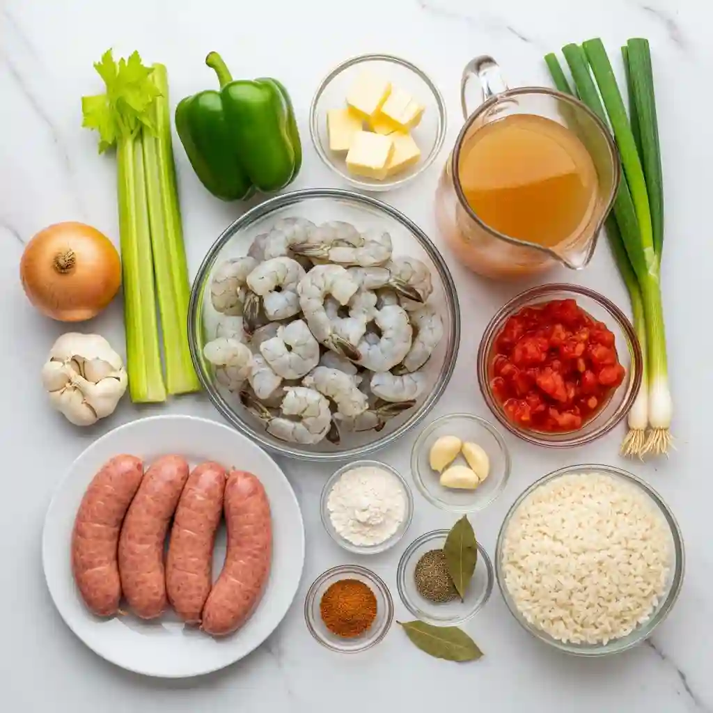 Overhead view of all the fresh ingredients for a shrimp and sausage gumbo recipe, including raw shrimp, andouille sausage, rice, and the holy trinity.