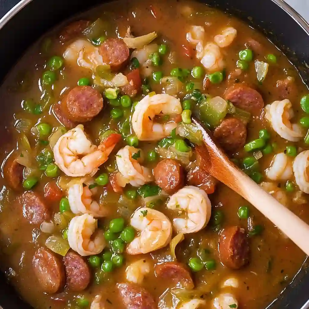 A top-down view of a full white bowl of finished shrimp and sausage gumbo, showcasing plump shrimp, sliced sausage, and a green onion garnish.