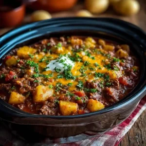 A black crockpot filled with Slow Cooker Cowboy Casserole featuring melted cheddar cheese, diced tomatoes, and parsley ready for serving.
