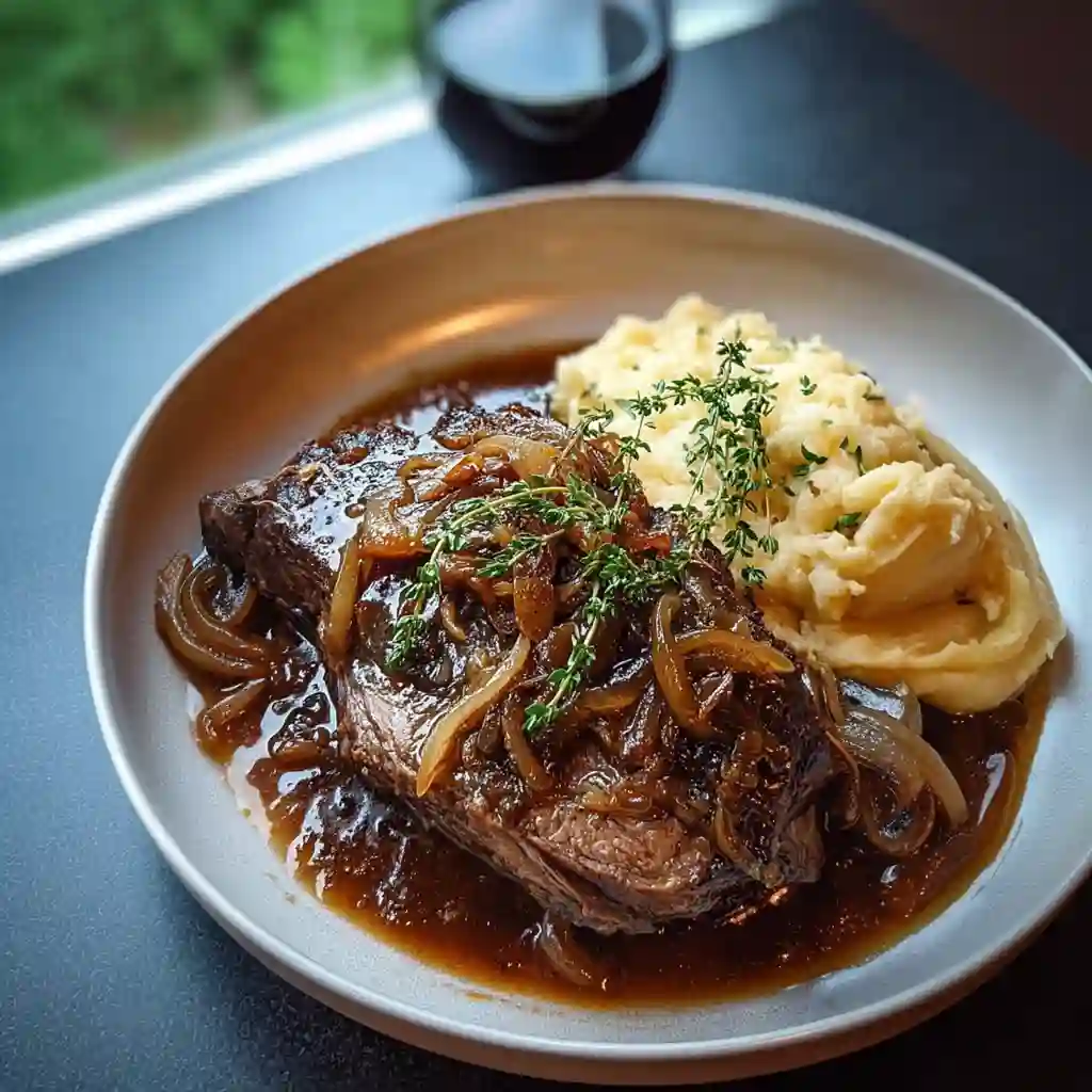 Shredded beef simmering in a rich onion broth inside a black crockpot, demonstrating the tender consistency of this easy Slow Cooker French Onion Roast recipe