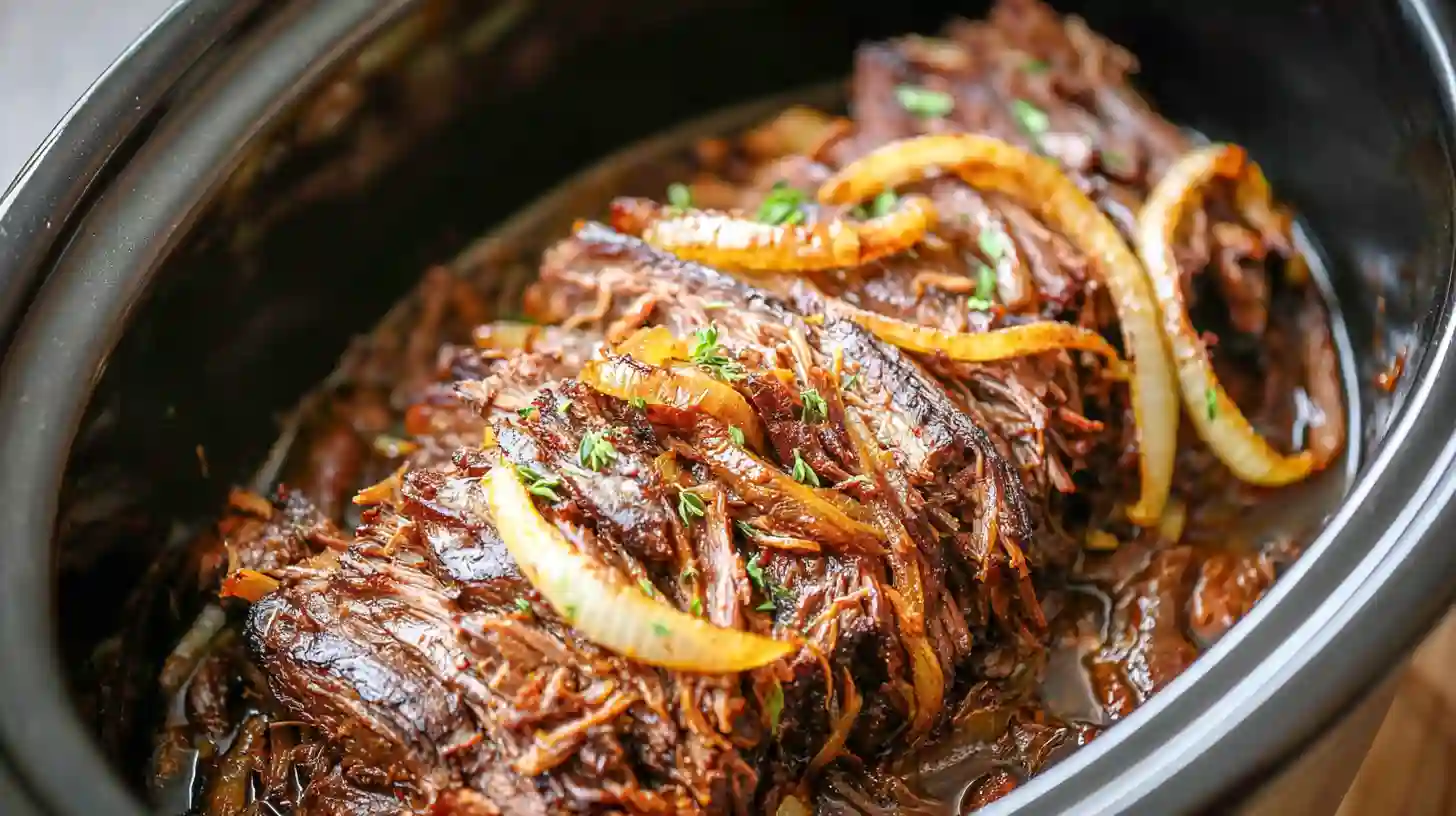 Close-up view of a tender Slow Cooker French Onion Roast inside the pot, topped with golden caramelized onion slices and fresh thyme, showing the savory texture of the beef