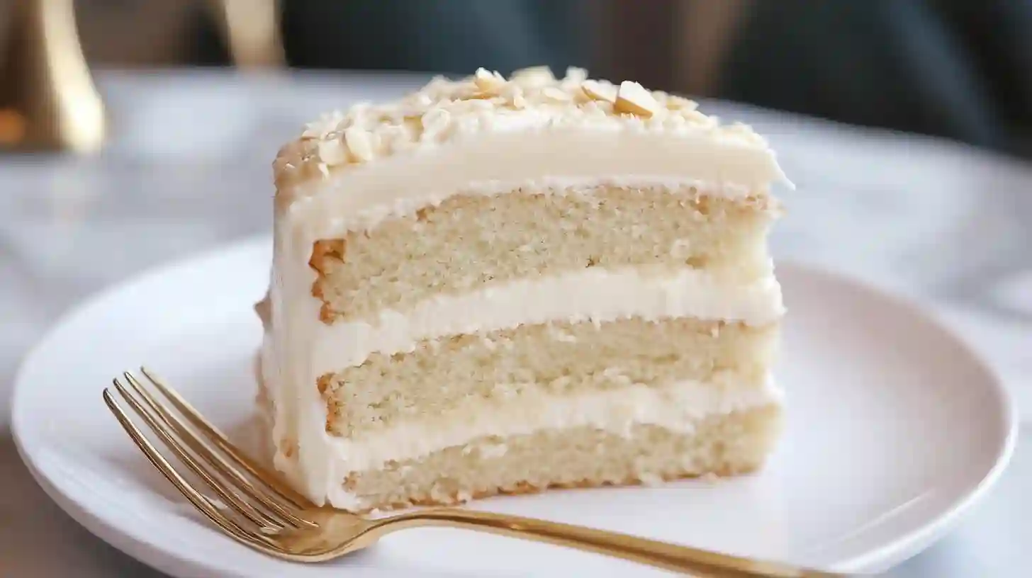 A close-up slice of a 3-layer white almond cake with white frosting and slivered almonds, ready to eat on a white plate with a gold fork.