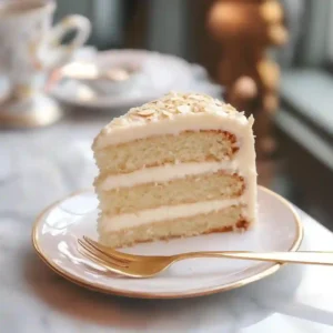 A 3-layer white almond cake on a cake stand, topped with slivered almonds and a single slice cut out to show the fluffy interior.
