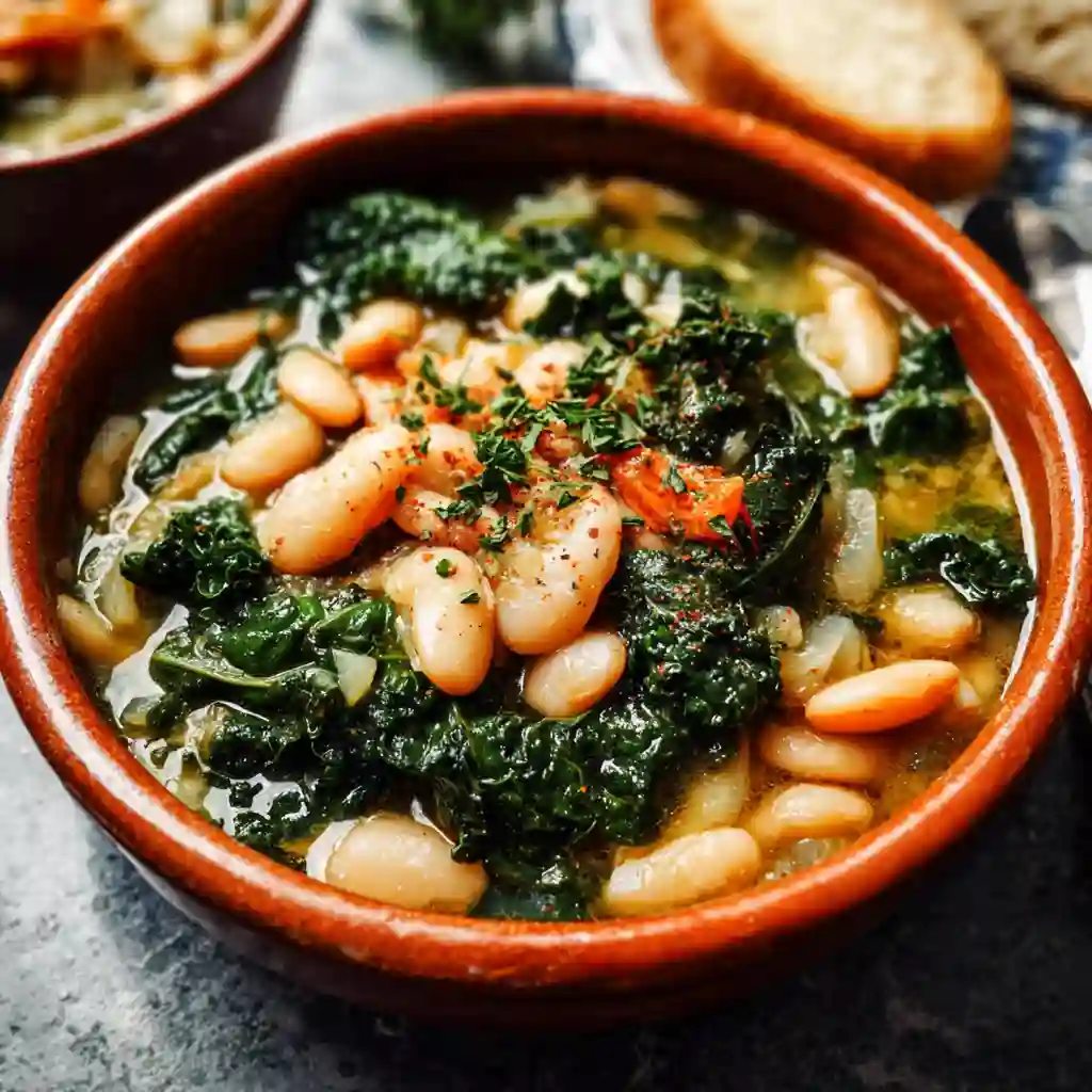 Mediterranean White Beans and Greens recipe simmered in a savory broth, a perfect quick Mediterranean diet meal or vegan white bean soup.