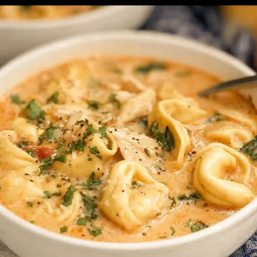 Close-up of a bowl of comforting creamy chicken tortellini soup, shredded chicken, and fresh herbs. Quick and easy Instant Pot meal.