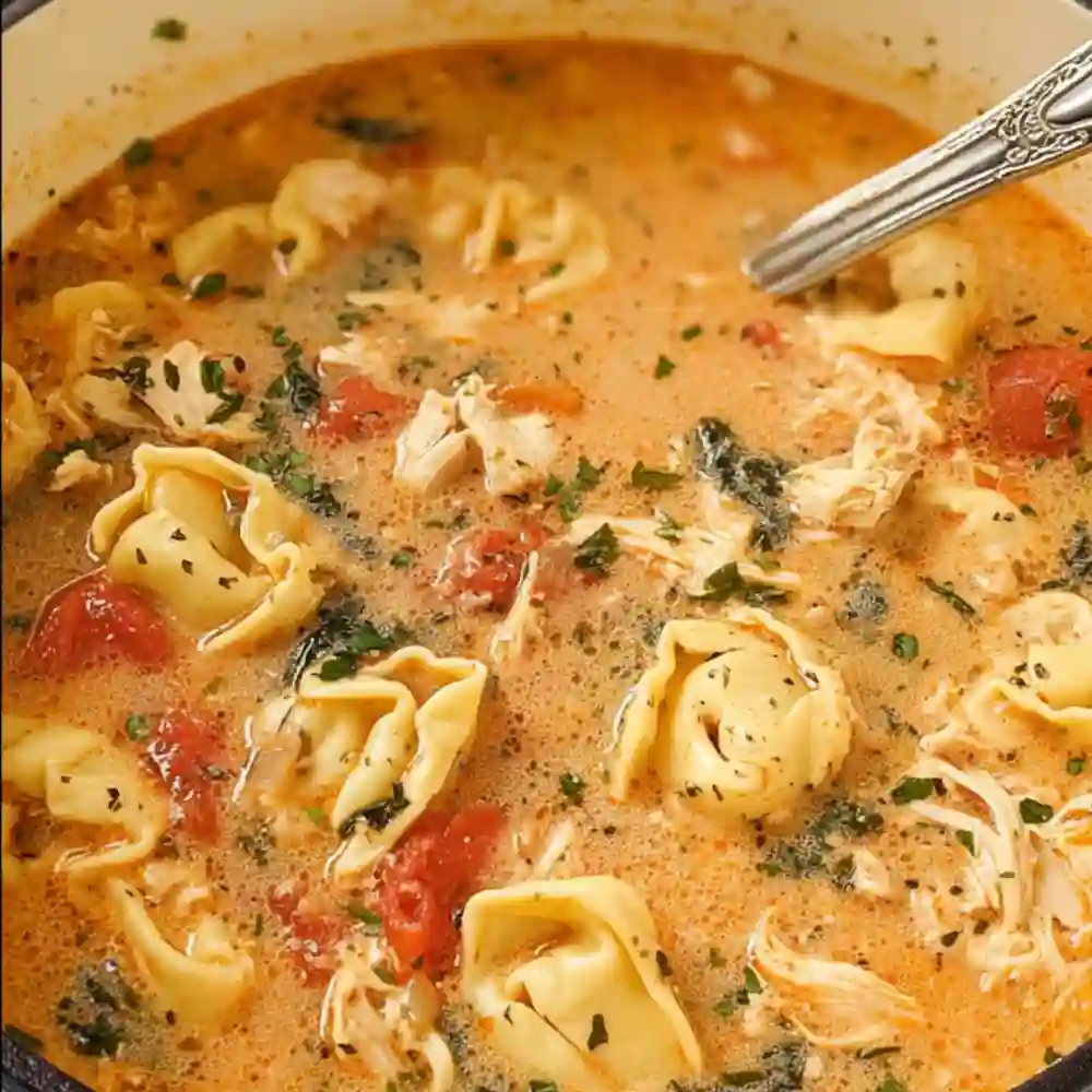 Rich, comforting Creamy Chicken Tortellini Soup served in a bowl, topped with fresh parsley and grated cheese. Best hearty dinner idea.