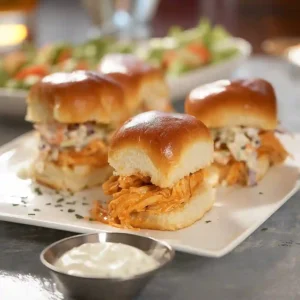 A white platter of Buffalo Chicken Sliders topped with a creamy coleslaw.