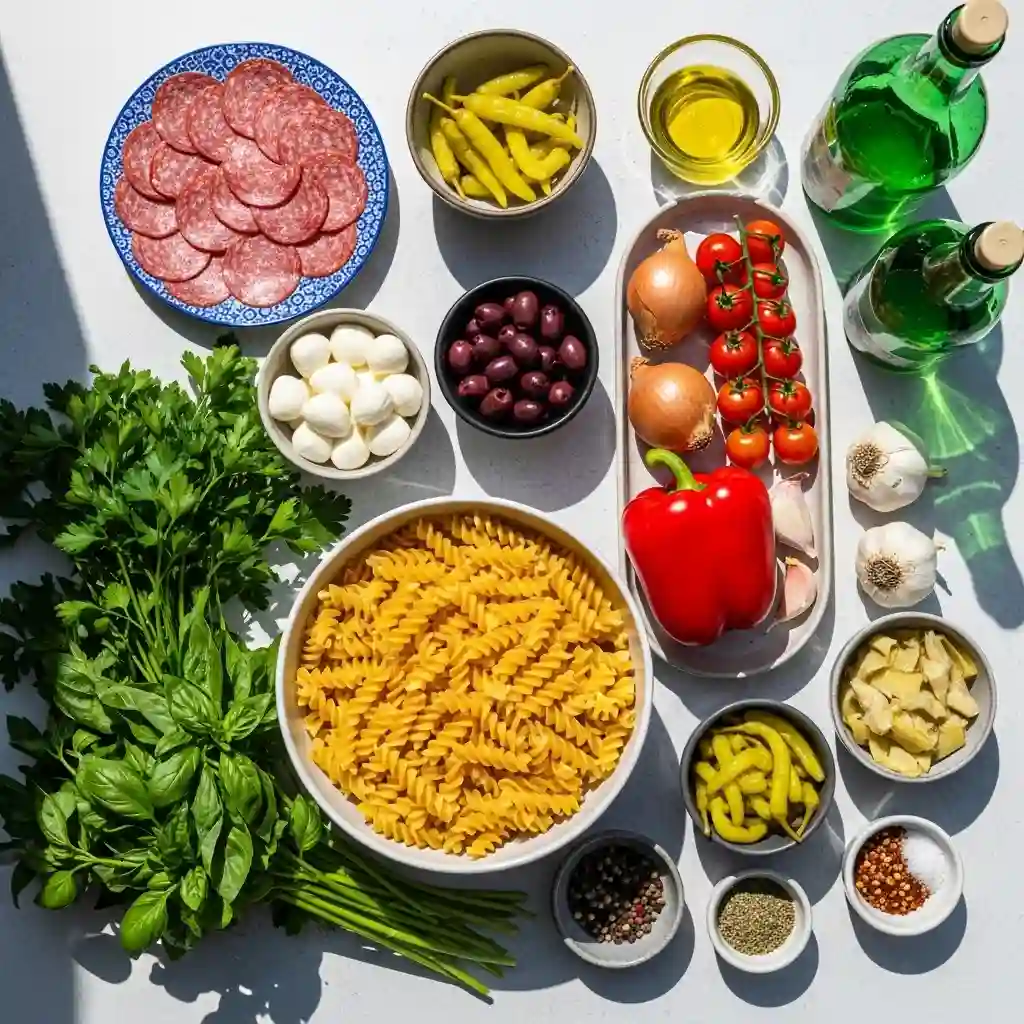 A blue bowl filled with a finished pasta salad recipe with italian dressing, tossed with cherry tomatoes, red onion, and fresh basil.