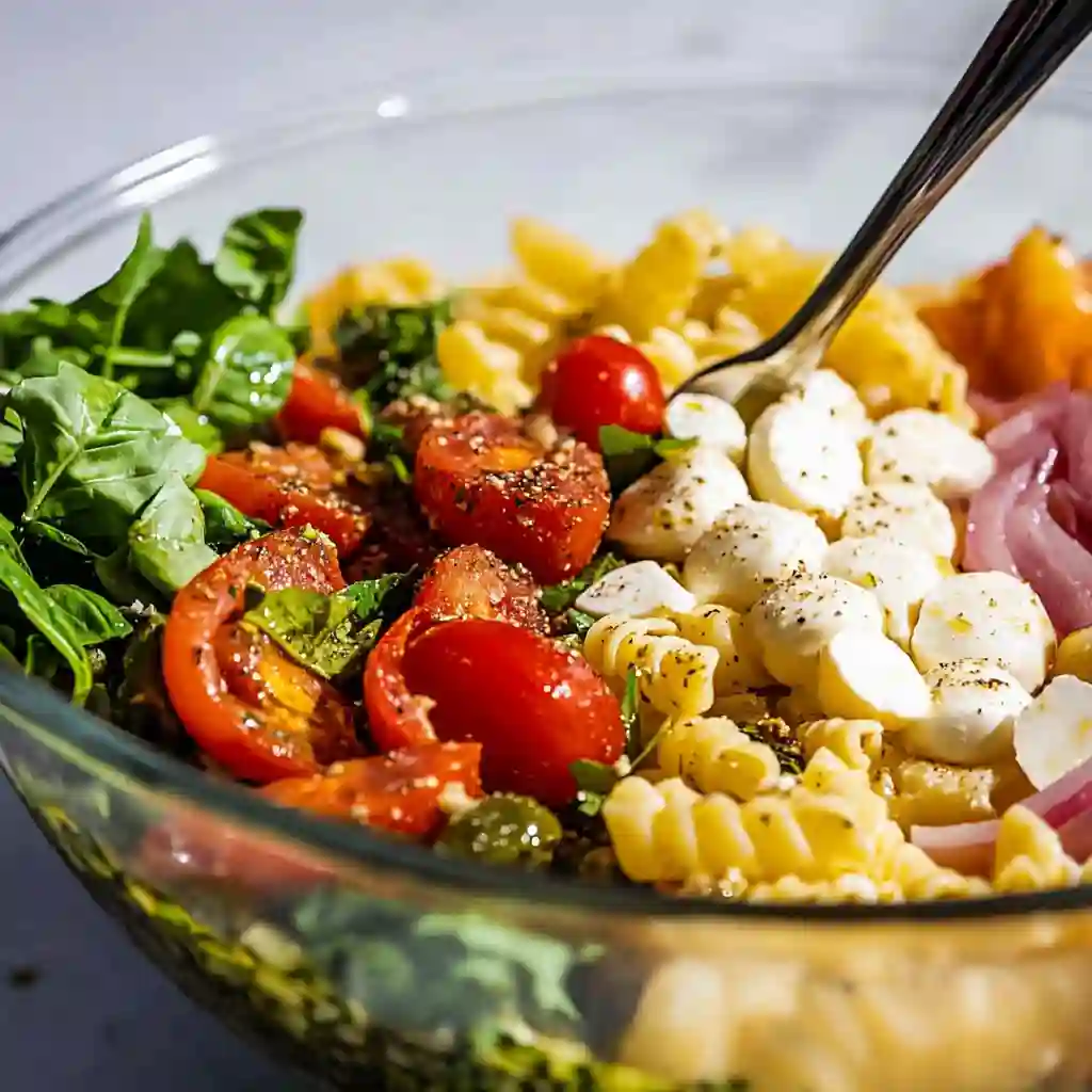 A side angle of a large blue bowl holding a vibrant pasta salad recipe with italian dressing, garnished with fresh basil and ready to serve.