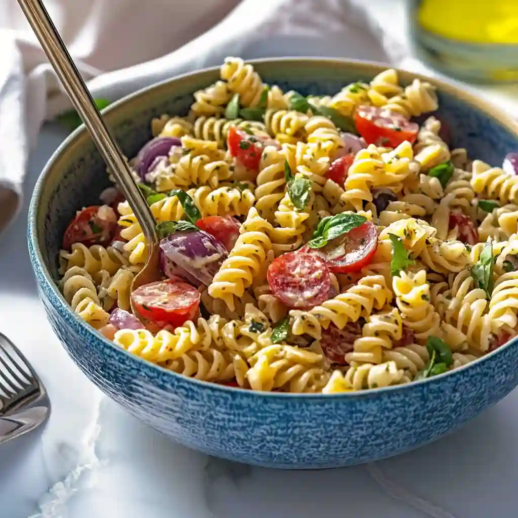 A close-up of a pasta salad with mozzarella and tomatoes being tossed with a pesto Italian dressing in a large glass bowl.