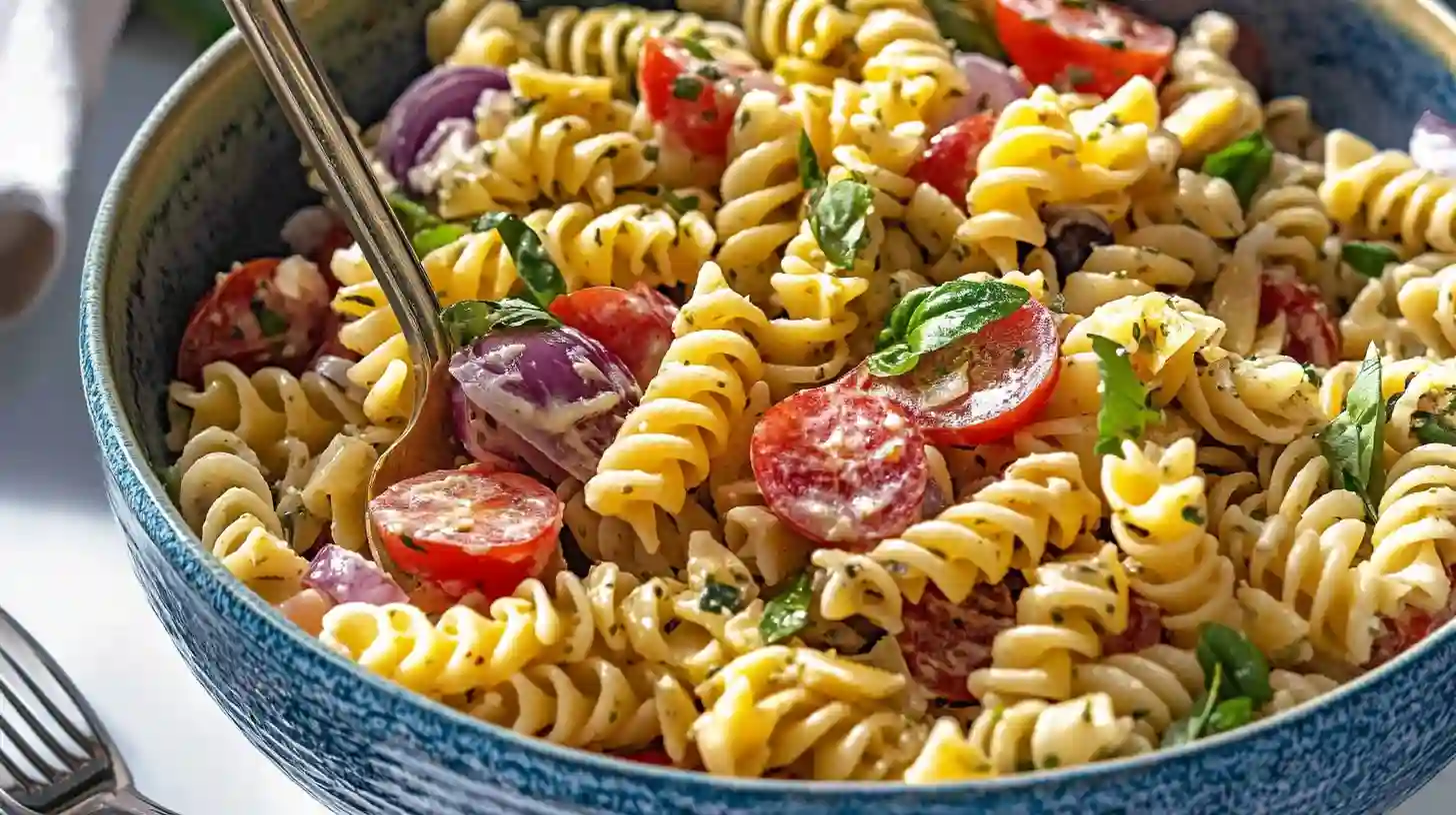 A blue bowl filled with a finished pasta salad recipe with italian dressing, tossed with cherry tomatoes, red onion, and fresh basil.