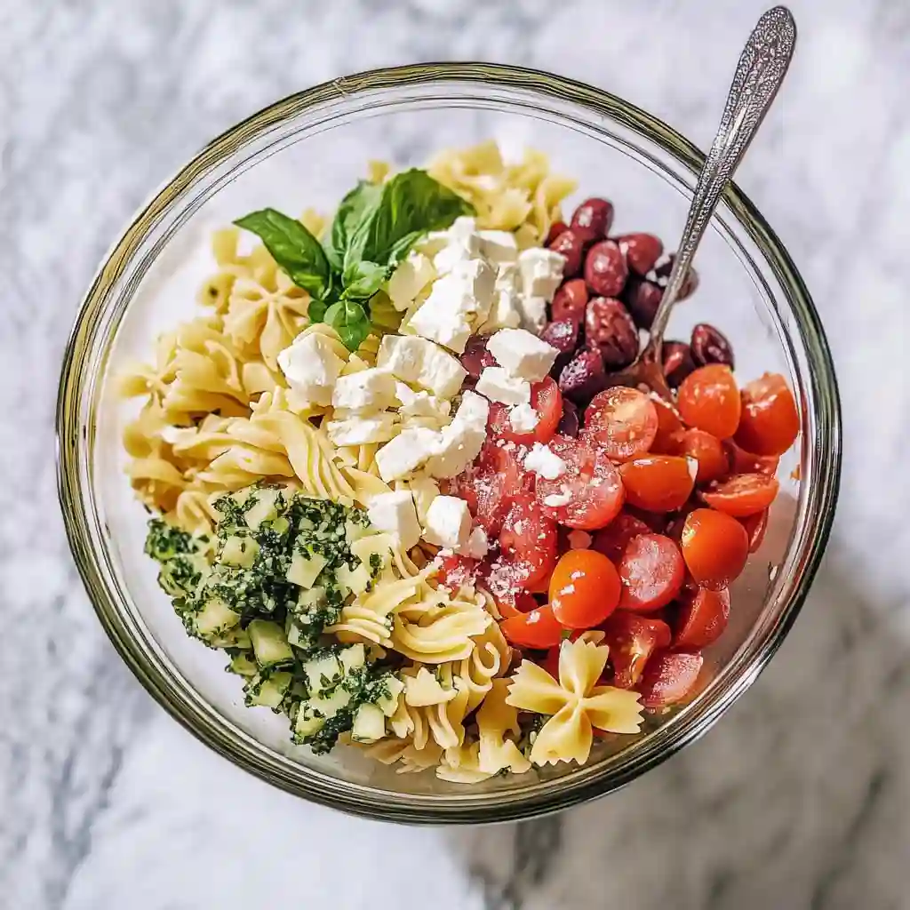 Ingredients for a fresh pasta salad recipe layered in a glass bowl, showing farfalle pasta, pesto, feta cheese, olives, and cherry tomatoes before mixing.