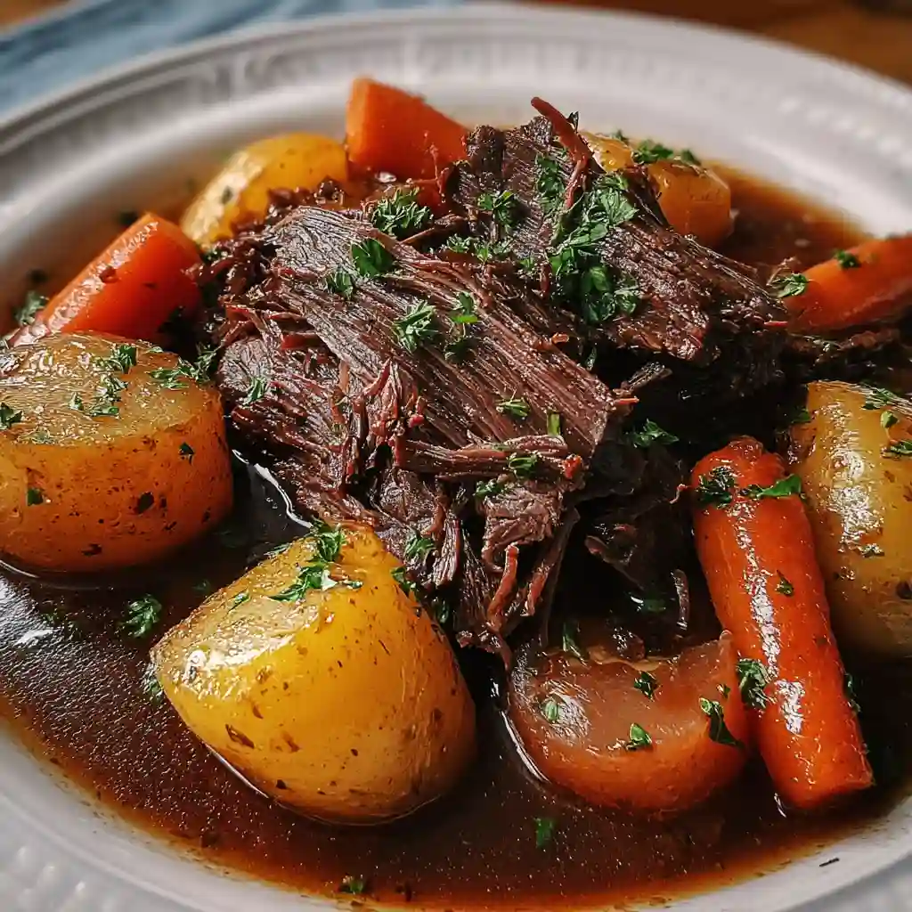 Close-up of a tender classic pot roast recipe featuring shredded beef, golden Yukon potatoes, and carrots swimming in a rich red wine gravy.