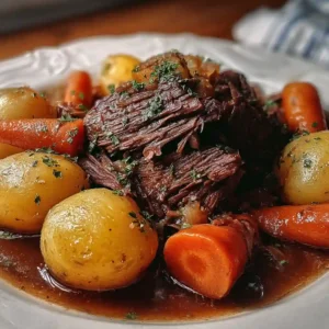 A white plate serving the ultimate pot roast recipe with melt-in-your-mouth beef chuck and perfectly roasted root vegetables.