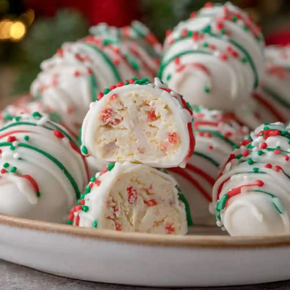A platter of Little Debbie Christmas Tree Cake Truffles with red drizzle and green sprinkles.
