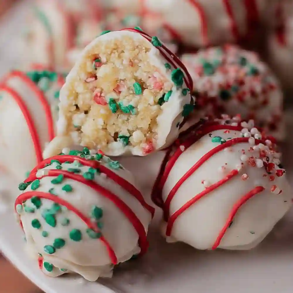 Drizzling red icing over a white chocolate coated Little Debbie Christmas Tree Cake Truffle.

