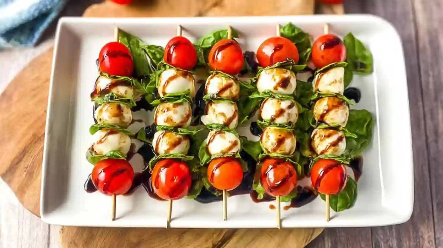 Fresh ingredients for Caprese Skewers including cherry tomatoes, mozzarella balls, and fresh basil leaves.