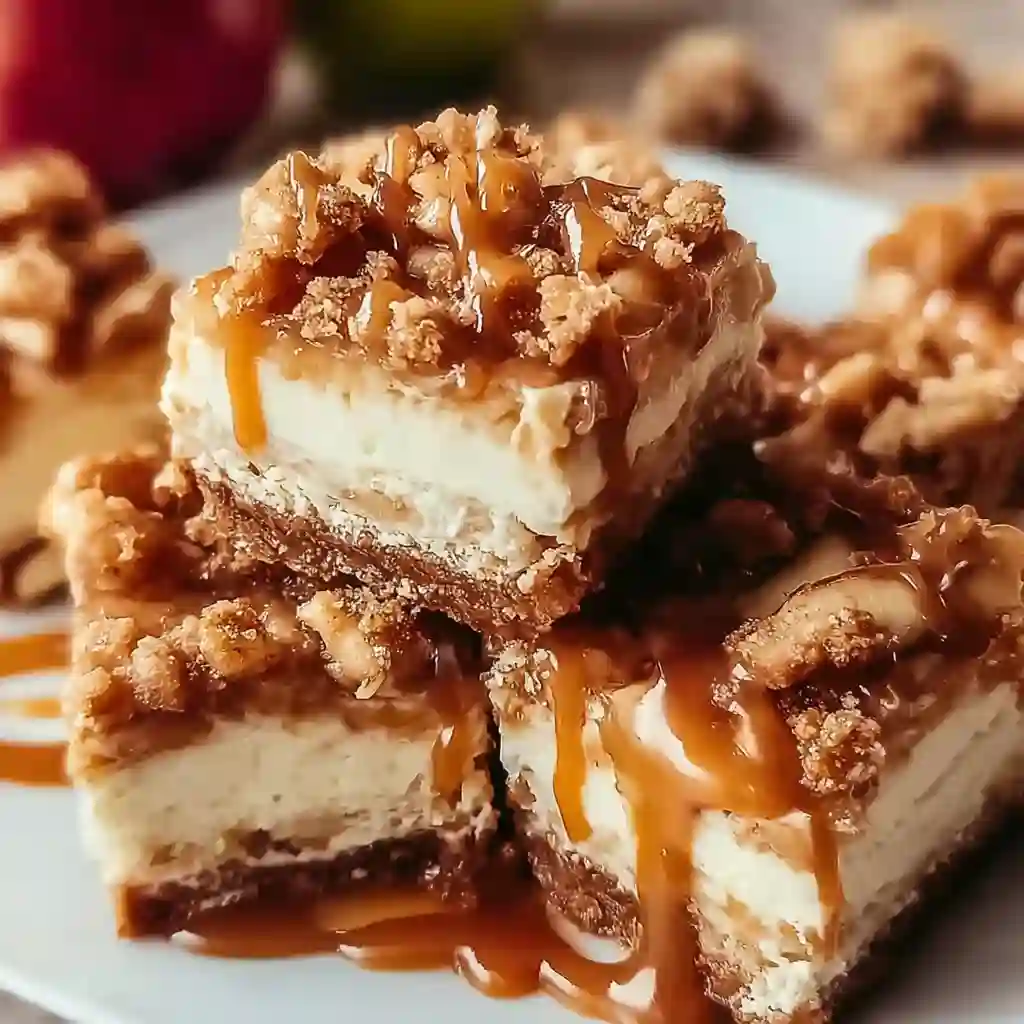 Stack of Caramel Apple Cheesecake Bars with fresh caramel drizzle and oat topping.
