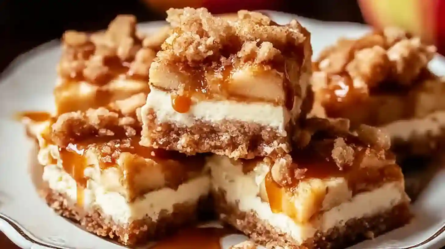 Stack of Caramel Apple Cheesecake Bars with fresh caramel drizzle and oat topping.