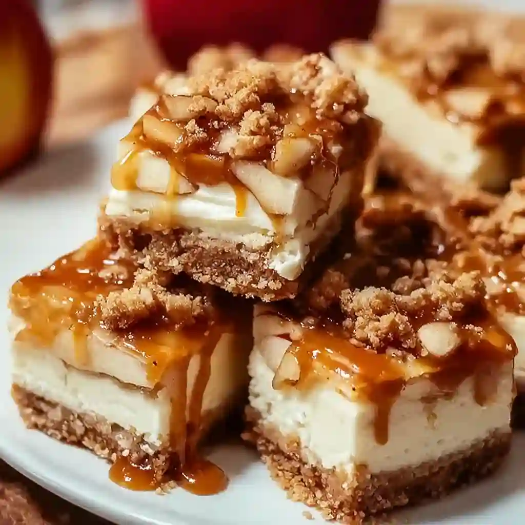 Stack of Caramel Apple Cheesecake Bars with fresh caramel drizzle and oat topping.
