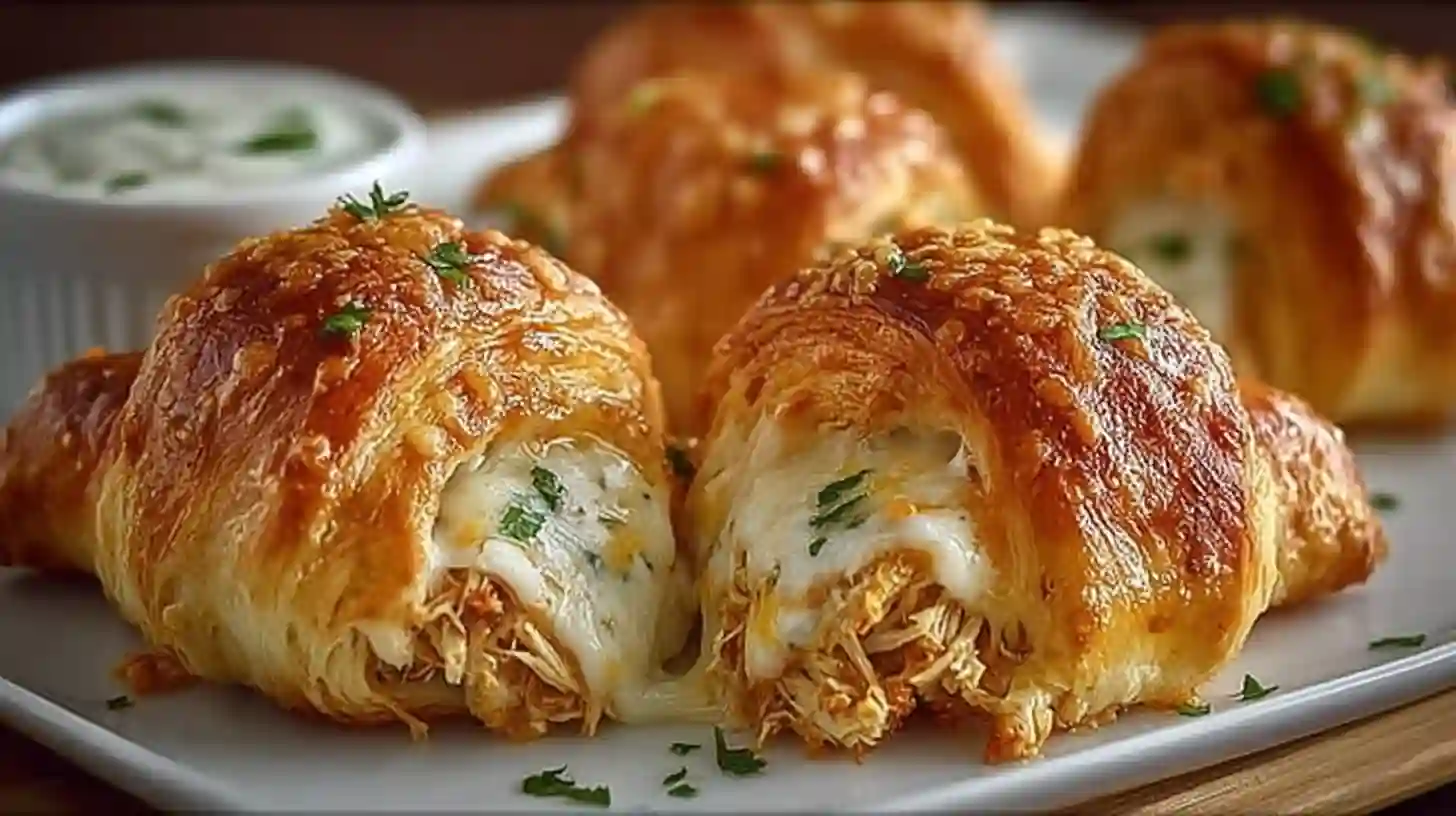 Golden brown Cheesy Chicken Crescent Rolls stacked on a wooden board with melted cheese visible.