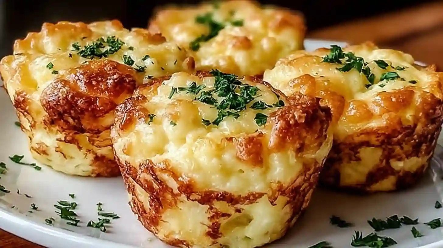 Golden brown Cheesy Mashed Potato Muffins cooling on a wire rack with fresh chives.