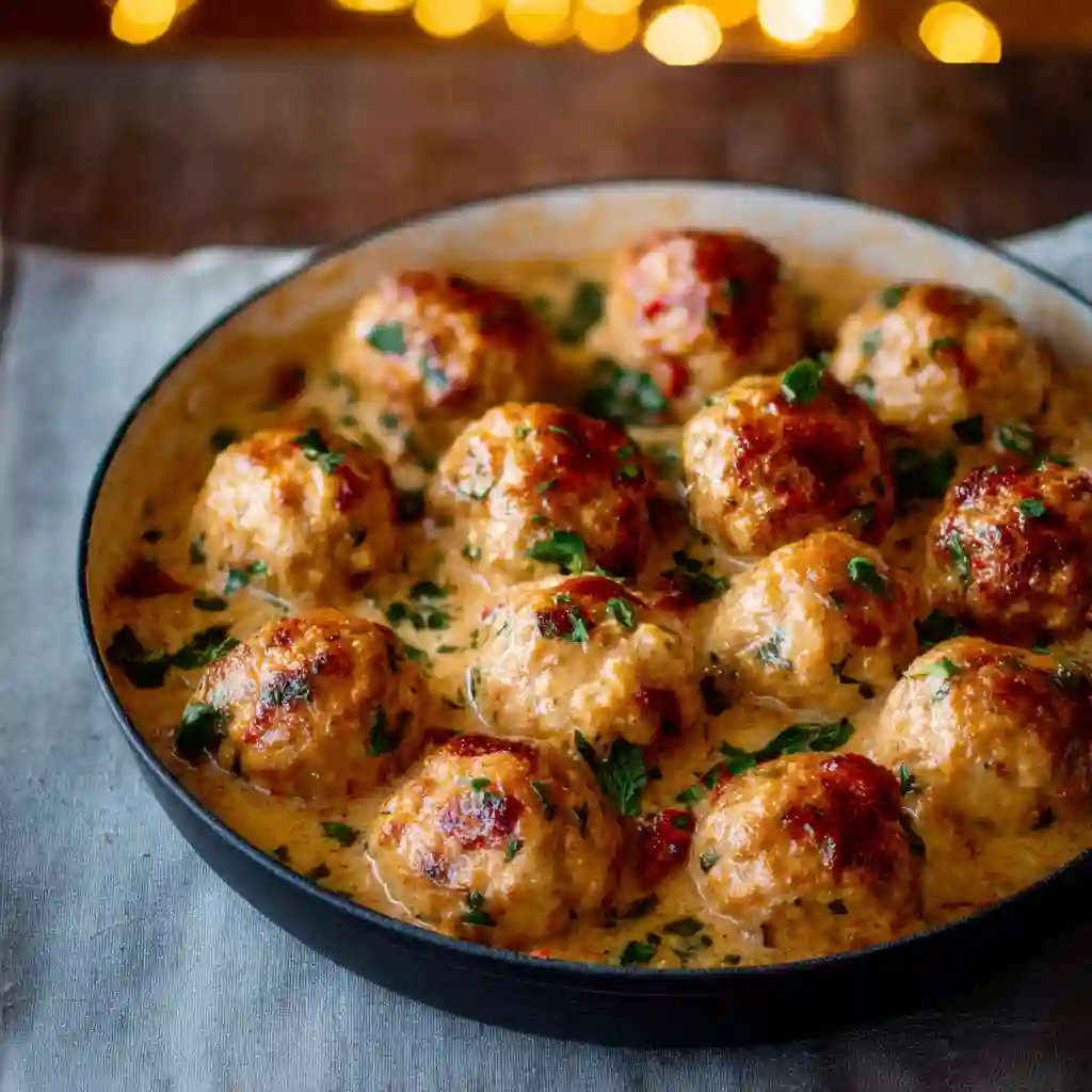 One-pan creamy chicken meatballs simmering in a rich Tuscan sauce with bokeh lighting, a perfect idea for easy chicken meatball meals