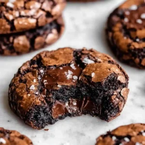 A stack of freshly baked Fudgy Chewy Brookies showing melted chocolate and golden cookie dough.