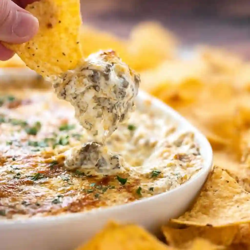 Hissy Fit Dip including pork sausage, sour cream, and cubed Velveeta cheese.
