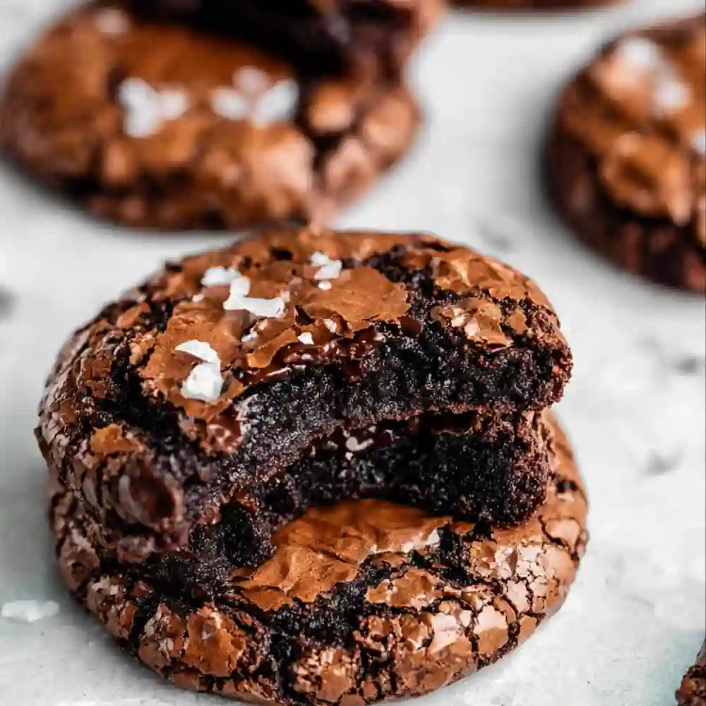 A stack of freshly baked Fudgy Chewy Brookies showing melted chocolate and golden cookie dough.