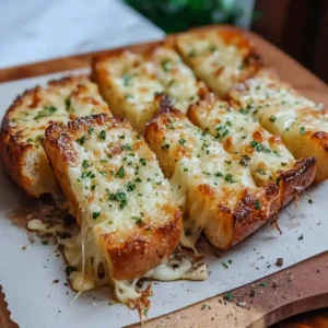 Sliced Cheesy Garlic Bread served on a wooden board with fresh parsley garnish.