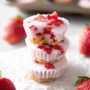 Hand holding a frozen strawberry yogurt bite with a bite taken to show creamy texture.