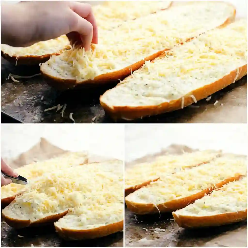 Spreading garlic butter mixture onto French bread for Cheesy Garlic Bread.
