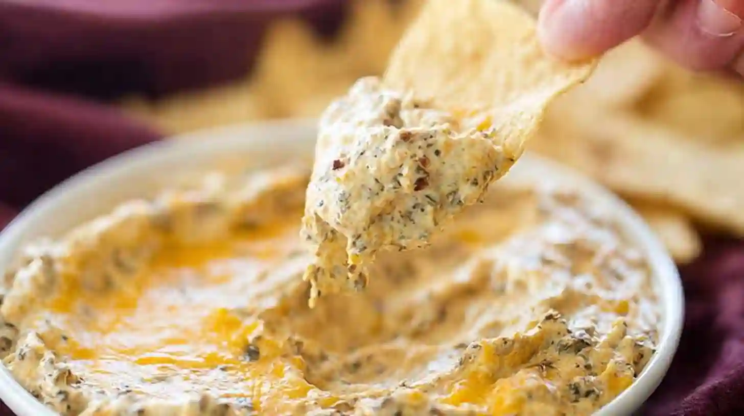Golden brown baked Hissy Fit Dip in a white casserole dish surrounded by tortilla chips.