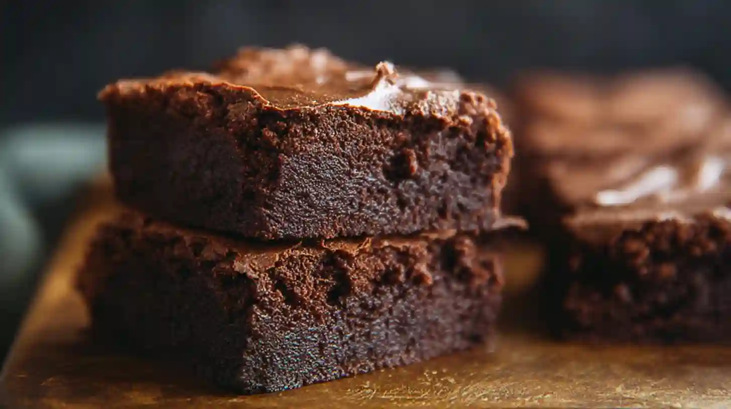 Stack of fresh fudgy keto brownies with a crackly top on a wooden board