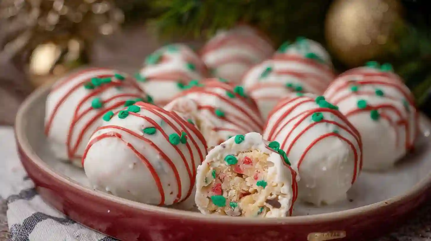 A platter of Little Debbie Christmas Tree Cake Truffles with red drizzle and green sprinkles.