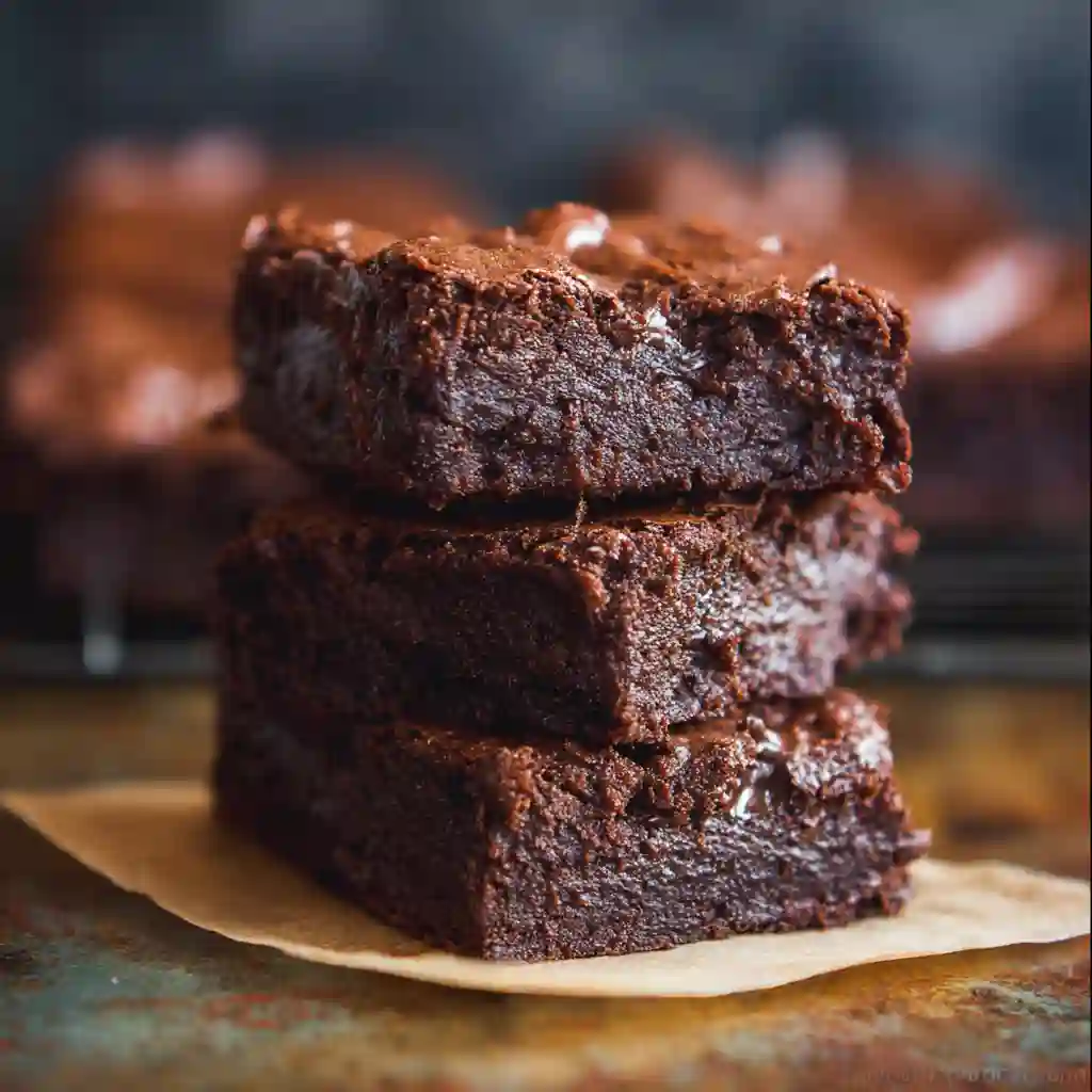 Stack of fresh fudgy keto brownies with a crackly top on a wooden board.