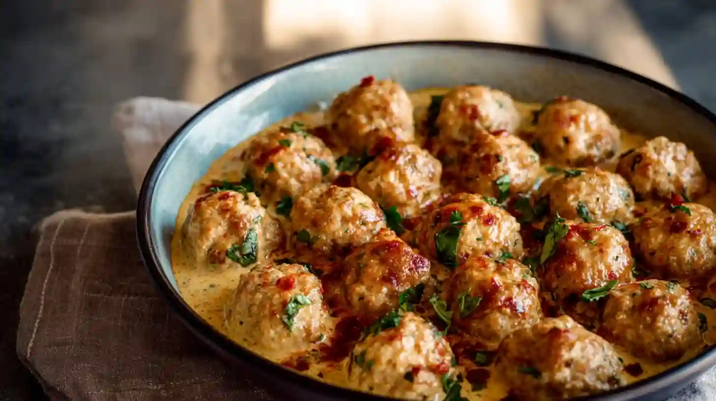 Bowl of golden brown Marry Me Chicken Meatballs served in a creamy sun-dried tomato and parmesan sauce garnished with fresh chopped herbs