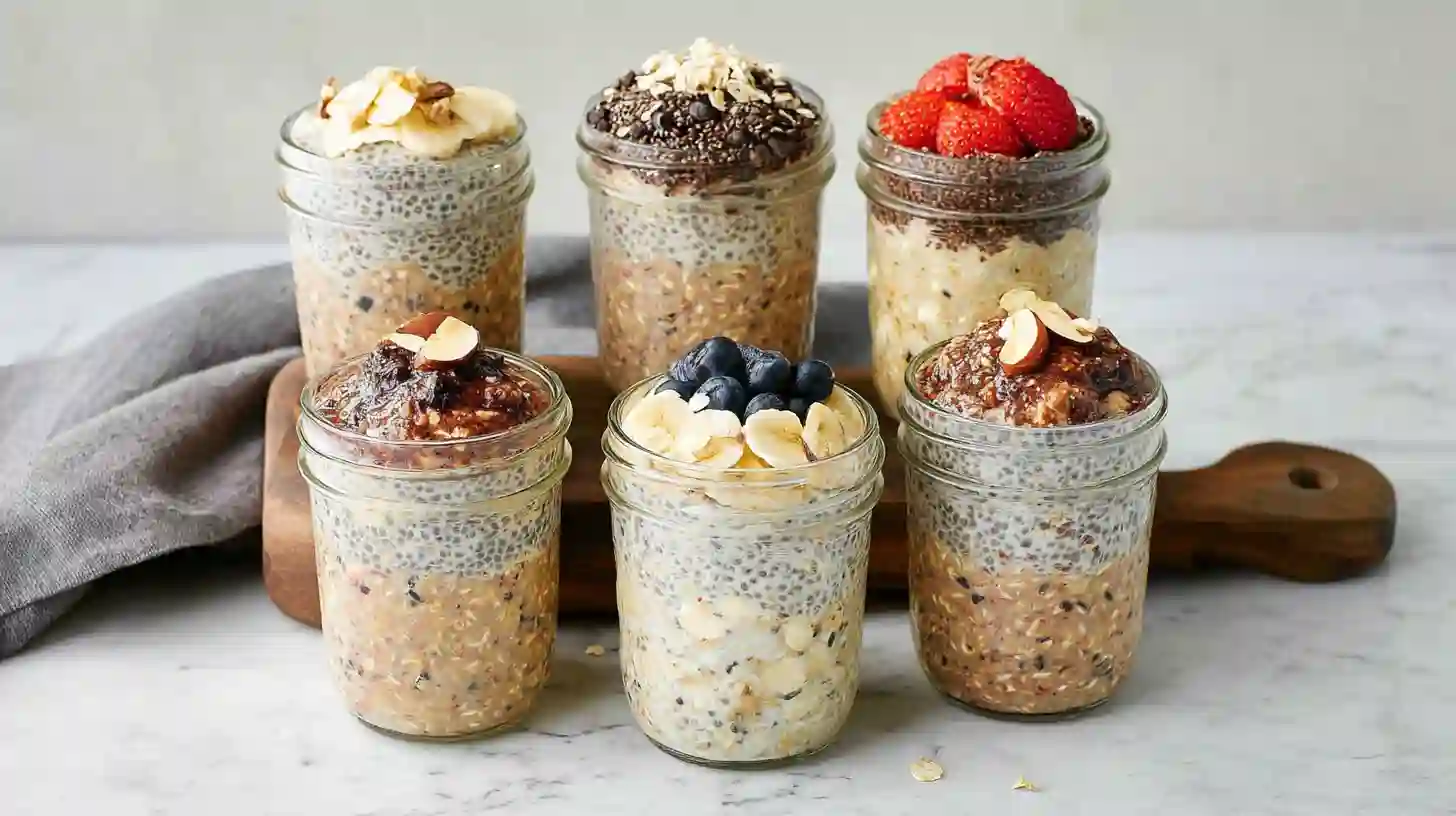 Perfect for anyone exploring new Overnight Oats Recipes, this brightly lit glass mason jar is filled with layered oats, topped with fresh berries, nuts, and a small wooden spoon, ready for a healthy breakfast.