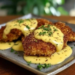 Golden fried pretzel-crusted chicken topped with creamy mustard cheddar sauce.