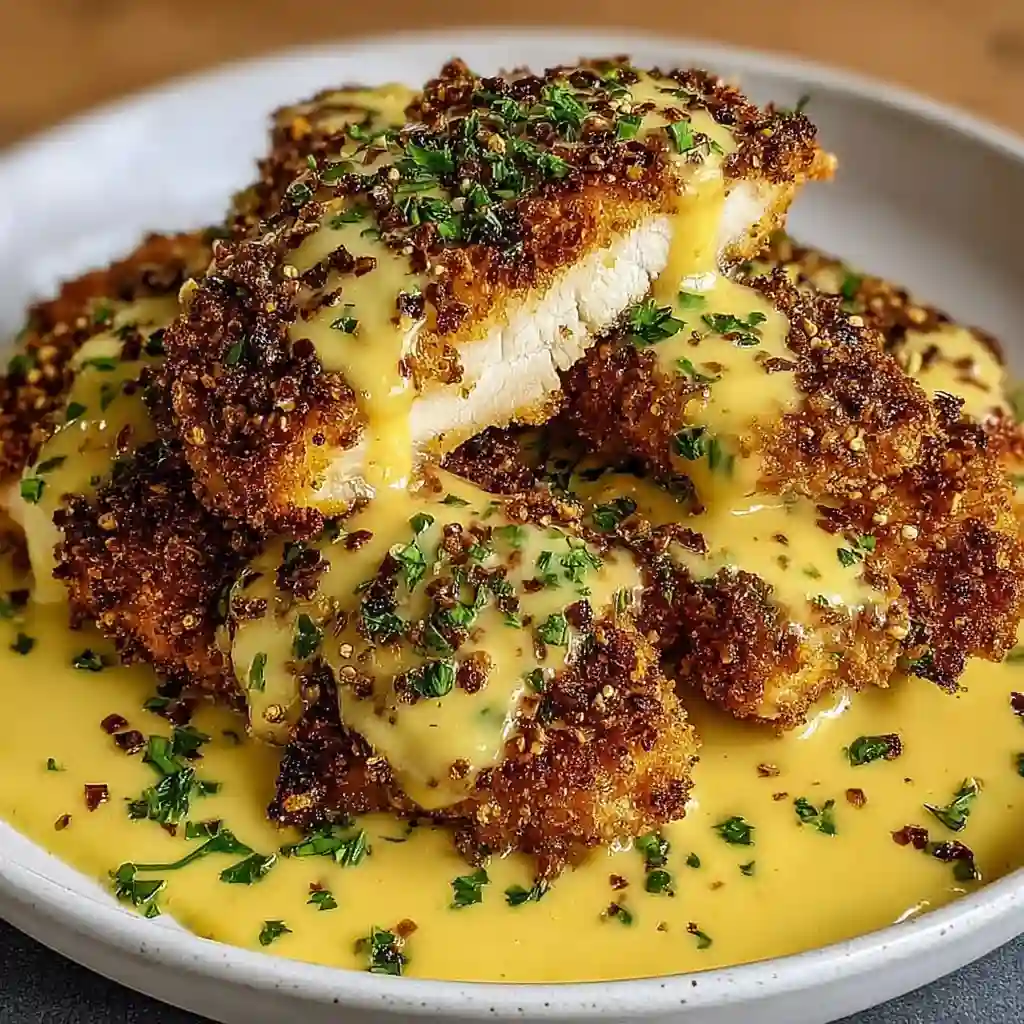 Breading station setup with flour, eggs, and crushed pretzels.