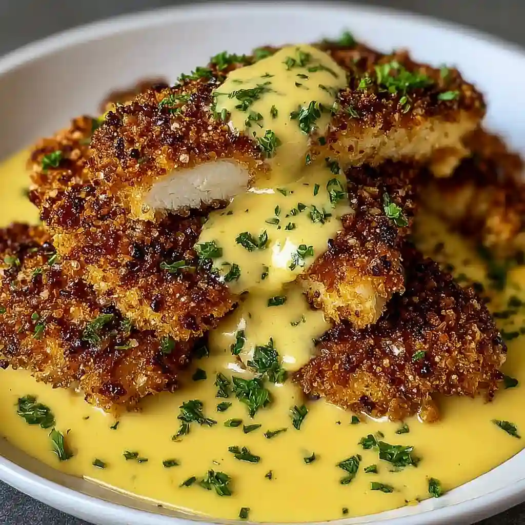 Sliced pretzel chicken served with broccoli and mashed potatoes.