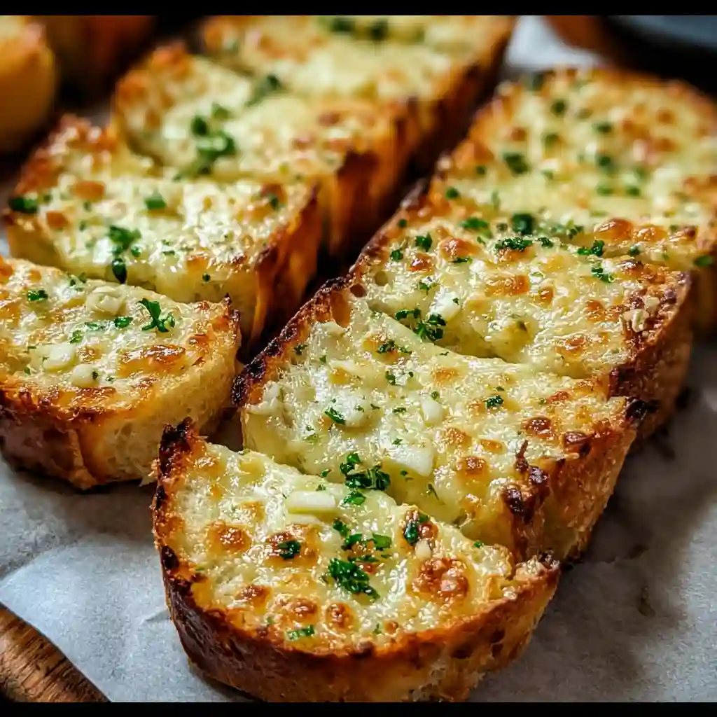  Pulling apart a slice of warm Cheesy Garlic Bread showing the gooey cheese stretch.
