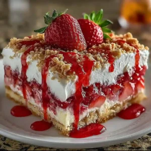 A slice of Strawberry Crunch Poke Cake showing red gelatin swirls and crunchy topping.