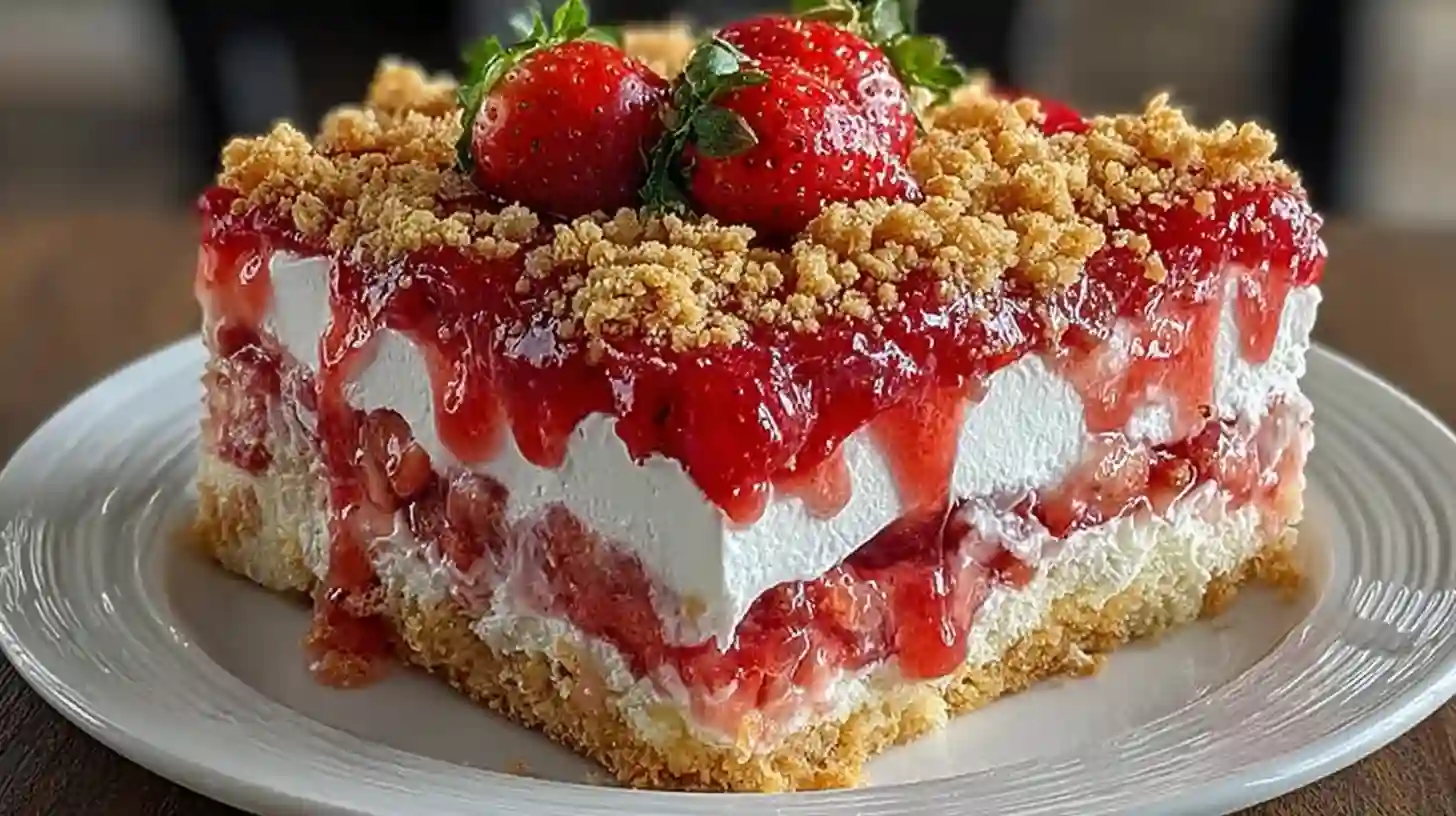 A slice of Strawberry Crunch Poke Cake showing red gelatin swirls and crunchy topping.