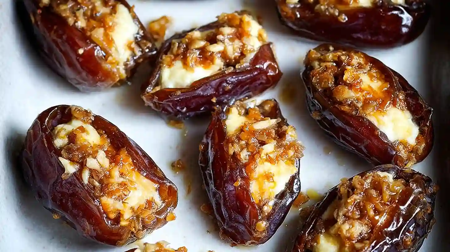 Golden roasted Stuffed Dates filled with creamy mascarpone and topped with chopped pecans on a serving platter.