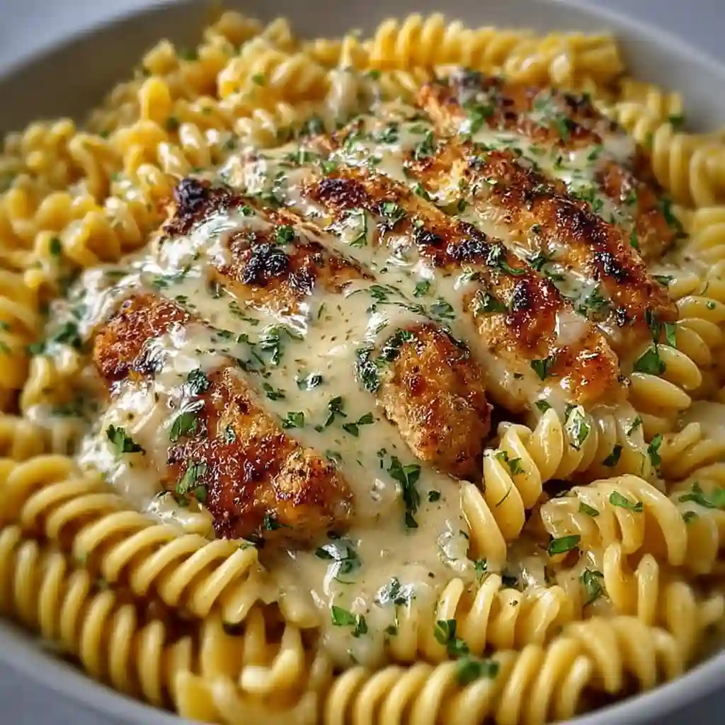 A bowl of Creamy Garlic Butter Chicken and Rotini in Parmesan Sauce topped with fresh parsley.
