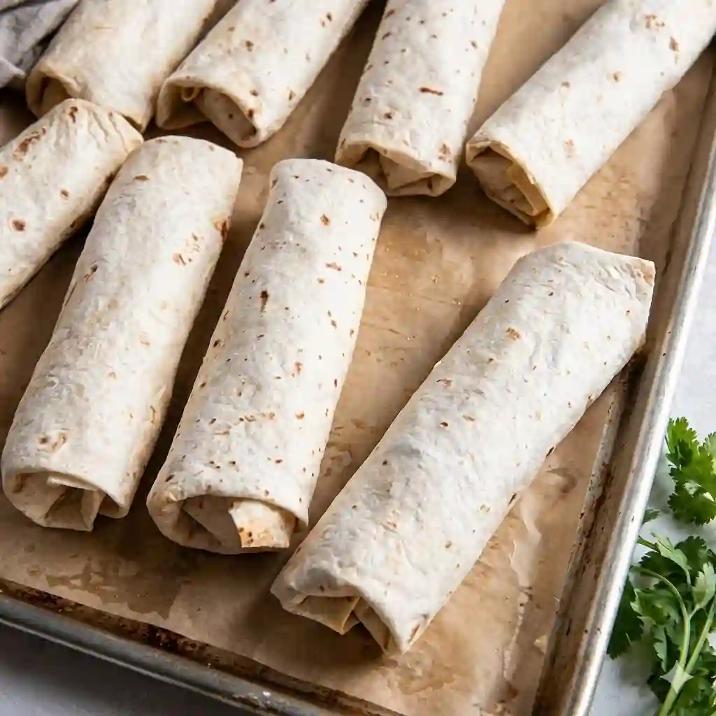  Hands tightly rolling a breakfast burrito on parchment paper.