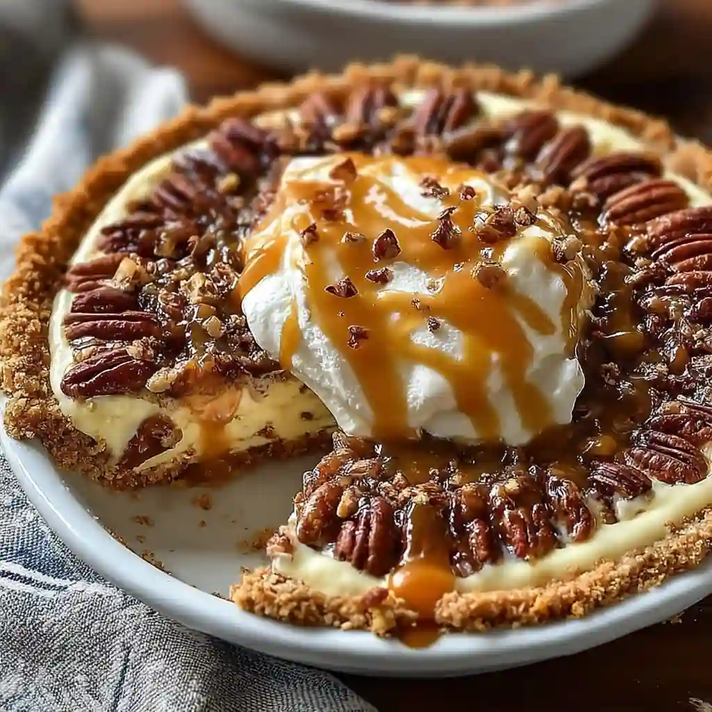A slice of Caramel Pecan Delight Pie showing the creamy layers and crust.